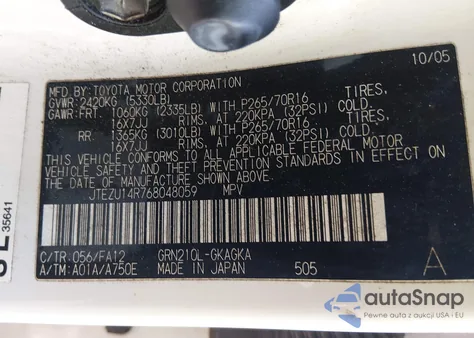 2006 Toyota 4Runner Sr5 V6 z USA, uszkodzony, nr VIN JTEZU14R768048059